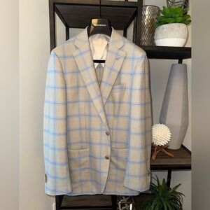 Harold by Harry Rosen Beige & Blue Windowpane Wool-Blend Sport Jacket – 40R
